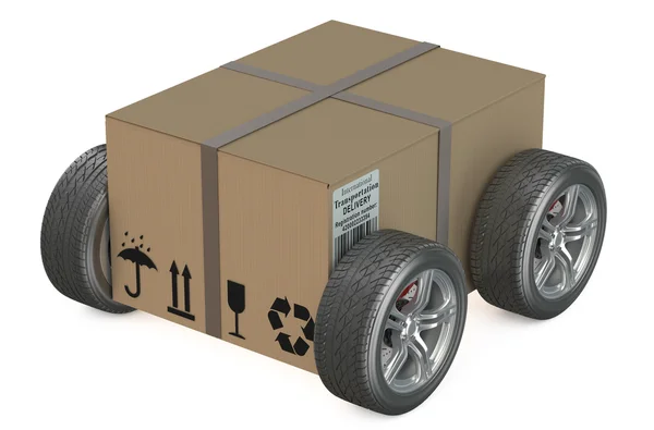 Caixa de papelão com rodas - conceito de transporte — Fotografia de Stock