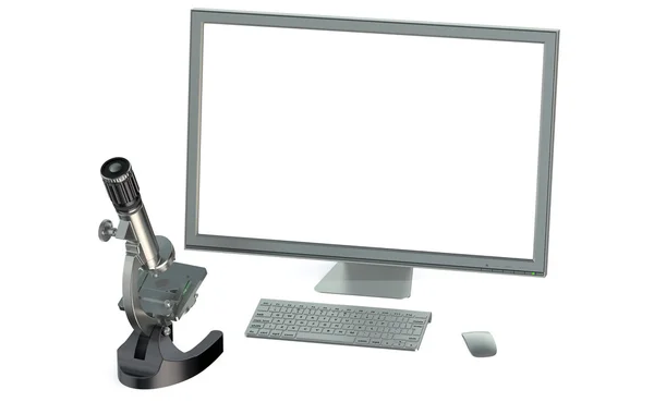Mikroskop ve bilgisayar monitörü ile beyaz perde wh izole — Stok fotoğraf