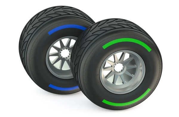 Racing wheels with wet tyres — Stock Photo, Image