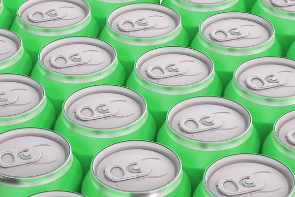 Металлические банки зеленого напитка, вид сверху — стоковое фото