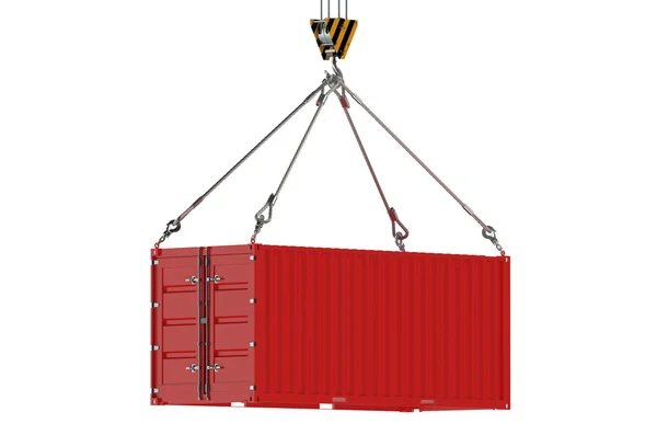 Kranhaken und roter Frachtcontainer — Stockfoto