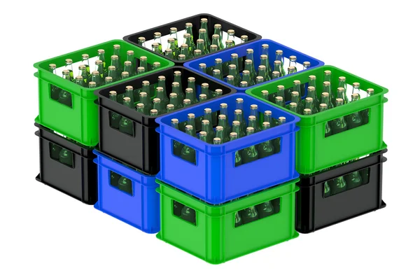 Caixas coloridas cheias de garrafas de cerveja — Fotografia de Stock