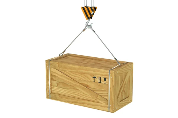 Gancho de guindaste com caixa de madeira pendurada — Fotografia de Stock