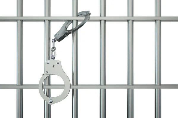 Metal prison bars with handcuffs on white background — Stock Photo, Image
