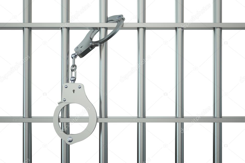 metal prison bars with handcuffs on white background