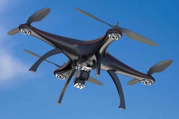 Black quadcopter drone in sky — Stock Photo, Image