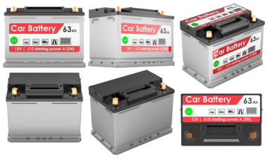 Araba aküsü, birden fazla görüntü. Şeffaf arkaplanda 3B görüntüleme izole edildi