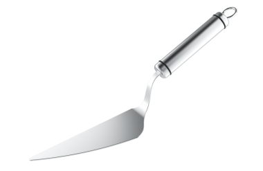 Uzun saplı metal mutfak spatulası. Şeffaf arkaplanda 3B görüntüleme izole edildi