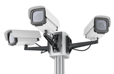 Metal bir direğe yerleştirilmiş güvenlik kameraları farklı yönlere bakıyor. Beyaz arkaplanda 3B görüntüleme izole edildi