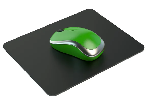 Rato de computador sem fio verde no tapete do mouse — Fotografia de Stock