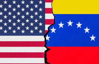 Venezuela ve ABD bayrakları çatlak, diplomatik çatışma konseptiyle bölündü. 3B görüntüleme