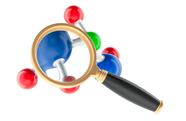 Büyüteçle molekül araştırma konsepti. Şeffaf arkaplanda 3B görüntüleme izole edildi