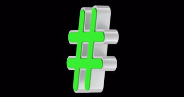Yeşil hashtag sembolü döndürme animasyonu sorunsuz bir şekilde çevrilebilir. Şeffaf arkaplanda 3B görüntüleme izole edildi