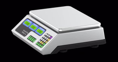 Dijital perakende tartı ölçeği döndürme animasyonu sorunsuz bir şekilde çevrilebilir. Şeffaf arkaplanda 3B görüntüleme izole edildi