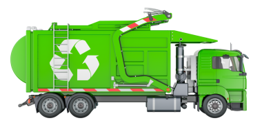 Geri dönüşüm sembollü yeşil çöp kamyonu, şeffaf arkaplanda 3 boyutlu görüntüleme