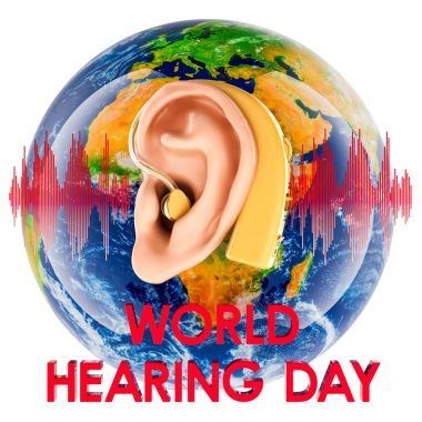 Dünya Duruşma Günü konsepti. İşitme cihazı ve Dünya Küresi ile kulak, 3D görüntüleme şeffaf arka planda izole