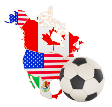 Amerika Birleşik Devletleri Kanada haritası, bayrakları ve futbol topuyla 2026 Dünya Futbol Kupası. Şeffaf arkaplanda 3B görüntüleme izole edildi