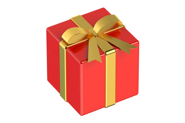 Altın kurdeleli kırmızı hediye kutusu ve yay. — Stok fotoğraf