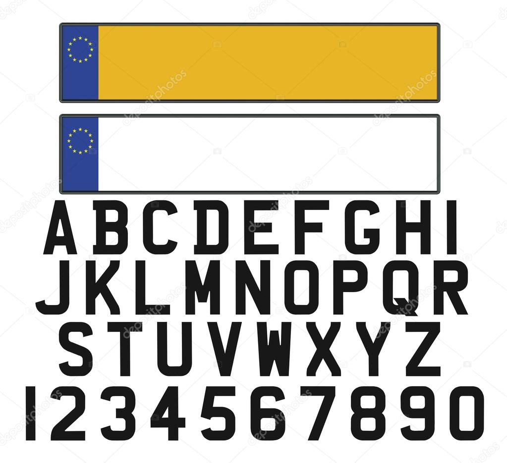 Empty vehicle registration plate with set of numerals and letter