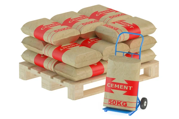 Cement zakken op een pallet met hand vrachtwagen — Stockfoto