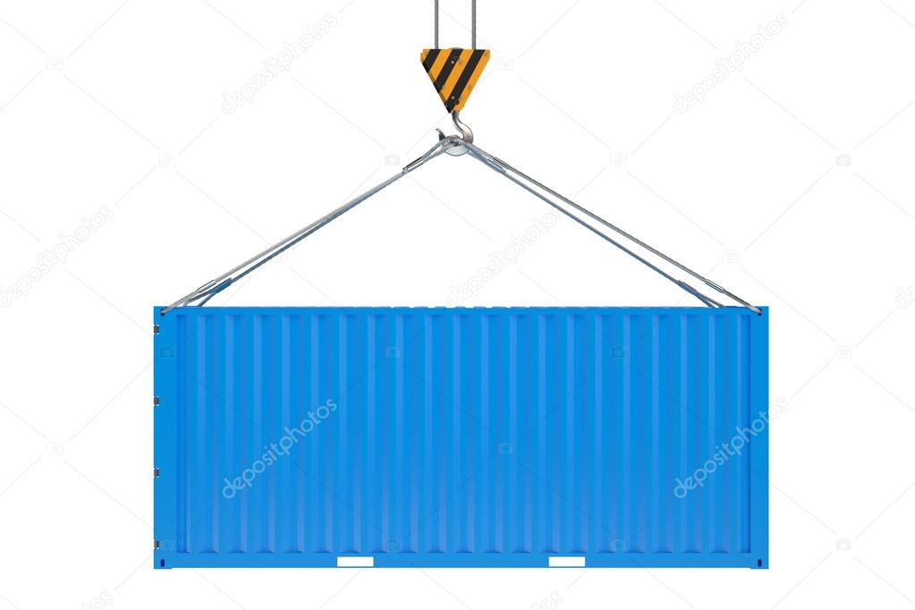 Crane hook and blue cargo container