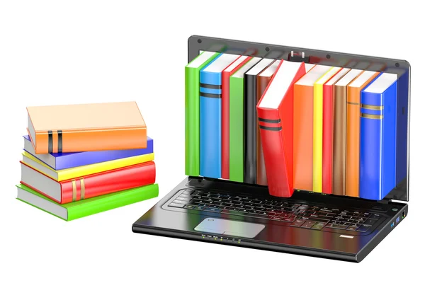 Ноутбук и стопка цветных книг — стоковое фото