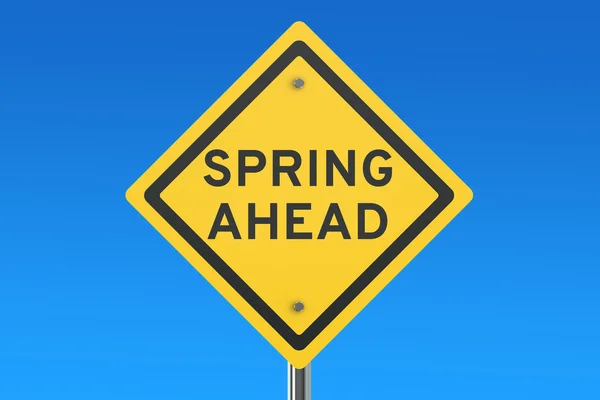 Wiosenny znak drogowy Ahead — Zdjęcie stockowe