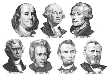 Portraits of presidents and politicians from dollars clipart