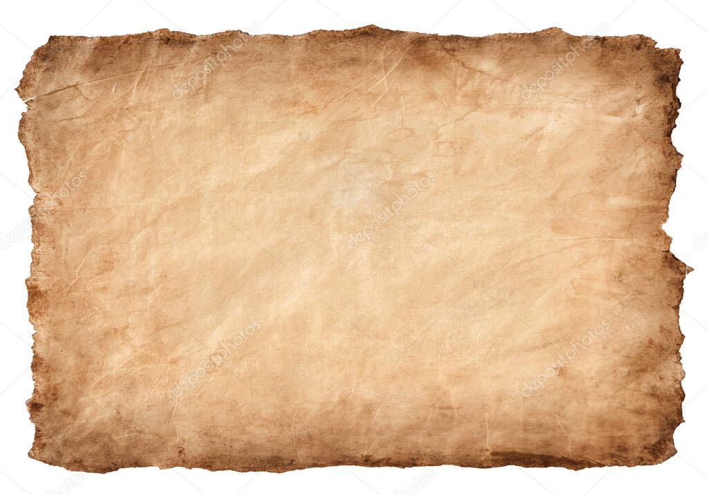 old parchment paper sheet vintage aged or texture isolated on white background.