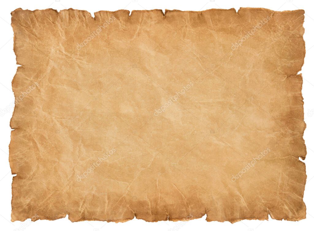 old parchment paper sheet vintage aged or texture isolated on white background.