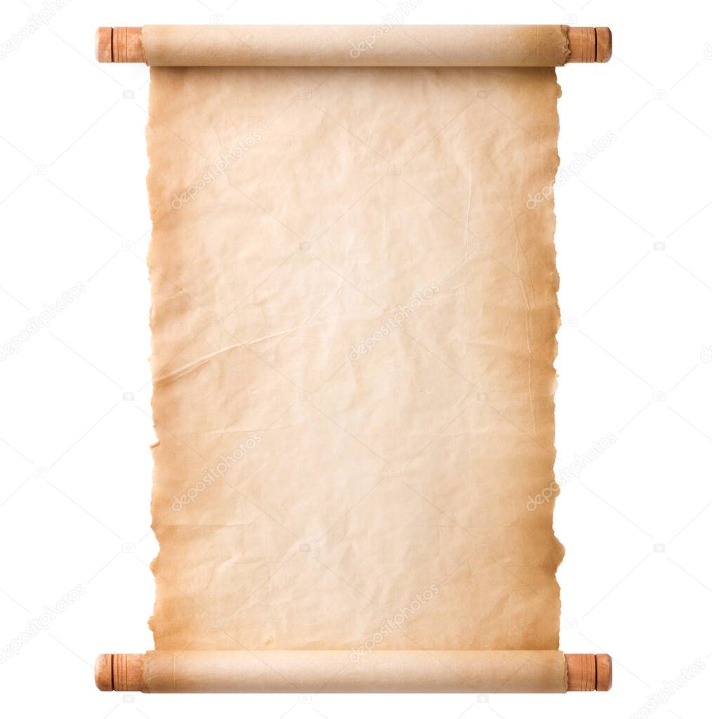 old parchment paper scroll sheet vintage aged or texture isolated on white background.