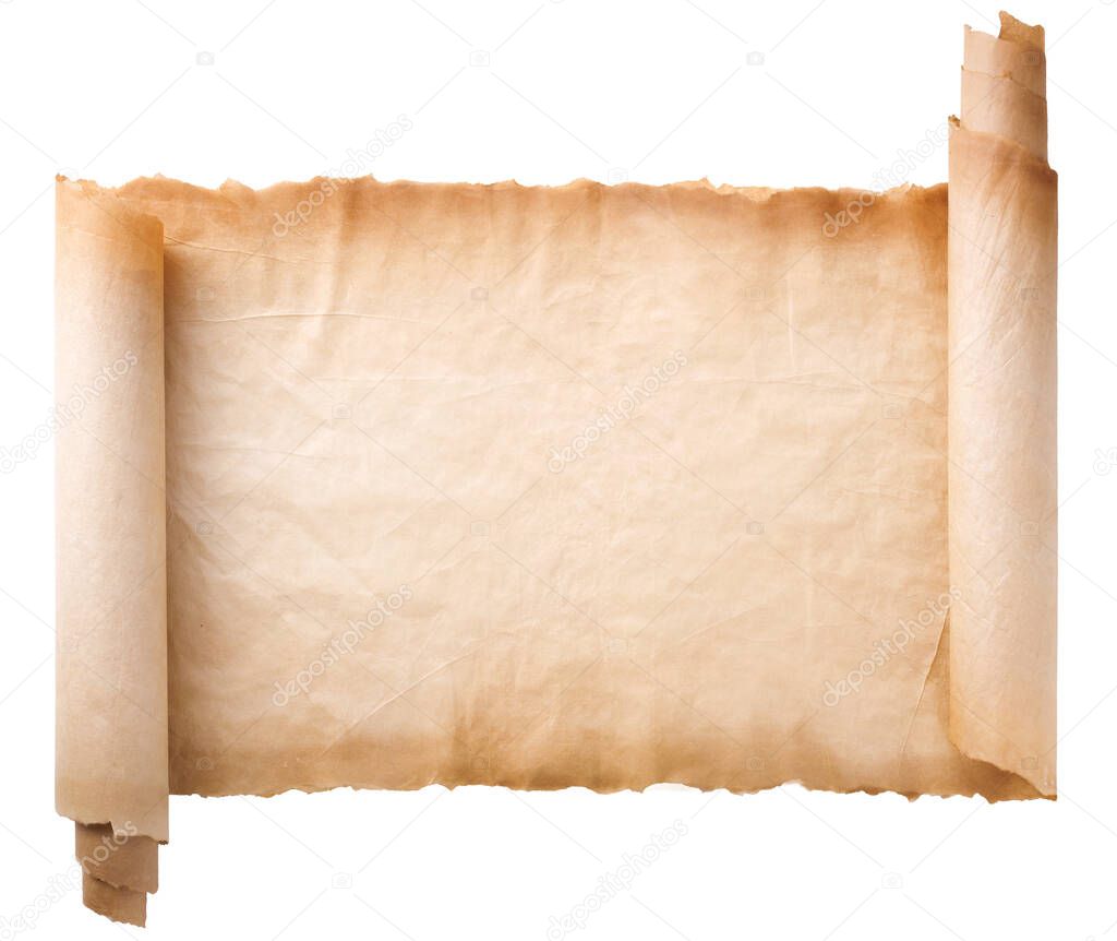 old parchment paper scroll sheet vintage aged or texture isolated on white background.