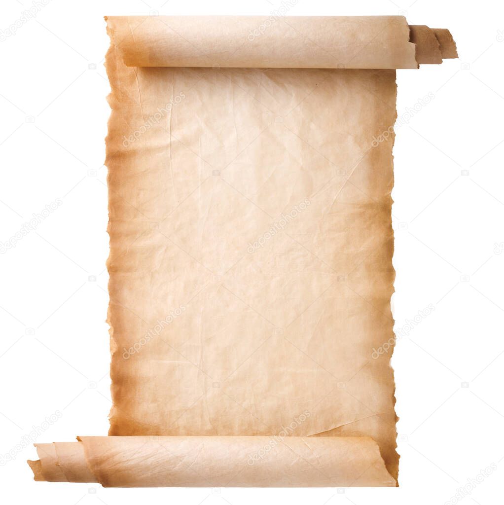 old parchment paper scroll sheet vintage aged or texture isolated on white background.