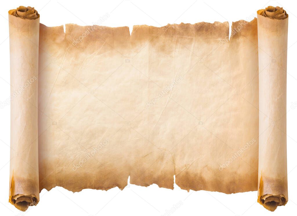 old parchment paper scroll sheet vintage aged or texture isolated on white background.