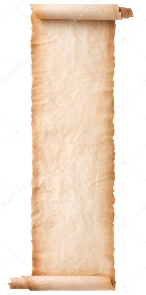 old parchment paper scroll sheet vintage aged or texture isolated on white background.