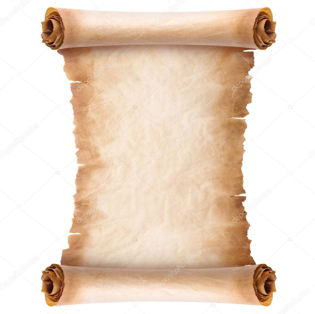 old parchment paper scroll sheet vintage aged or texture isolated on white background.