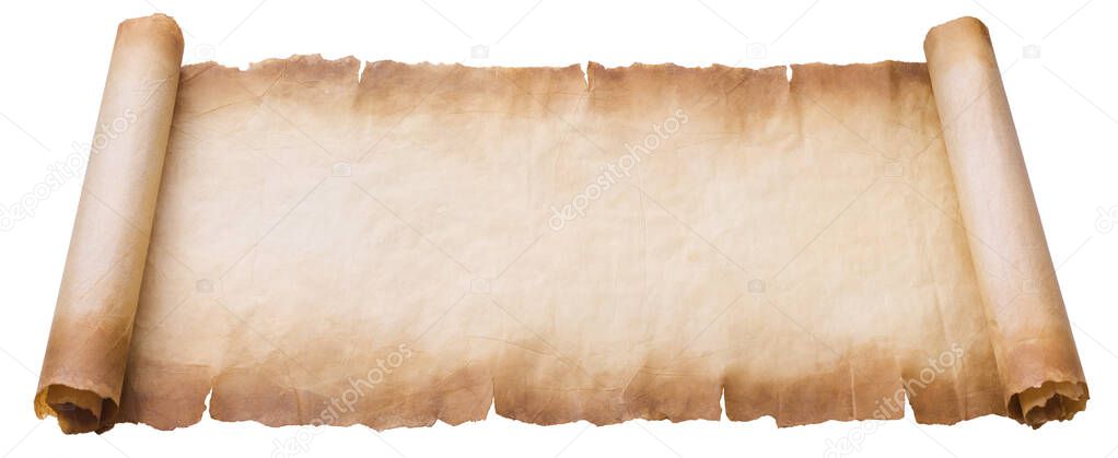 old parchment paper scroll sheet vintage aged or texture isolated on white background.