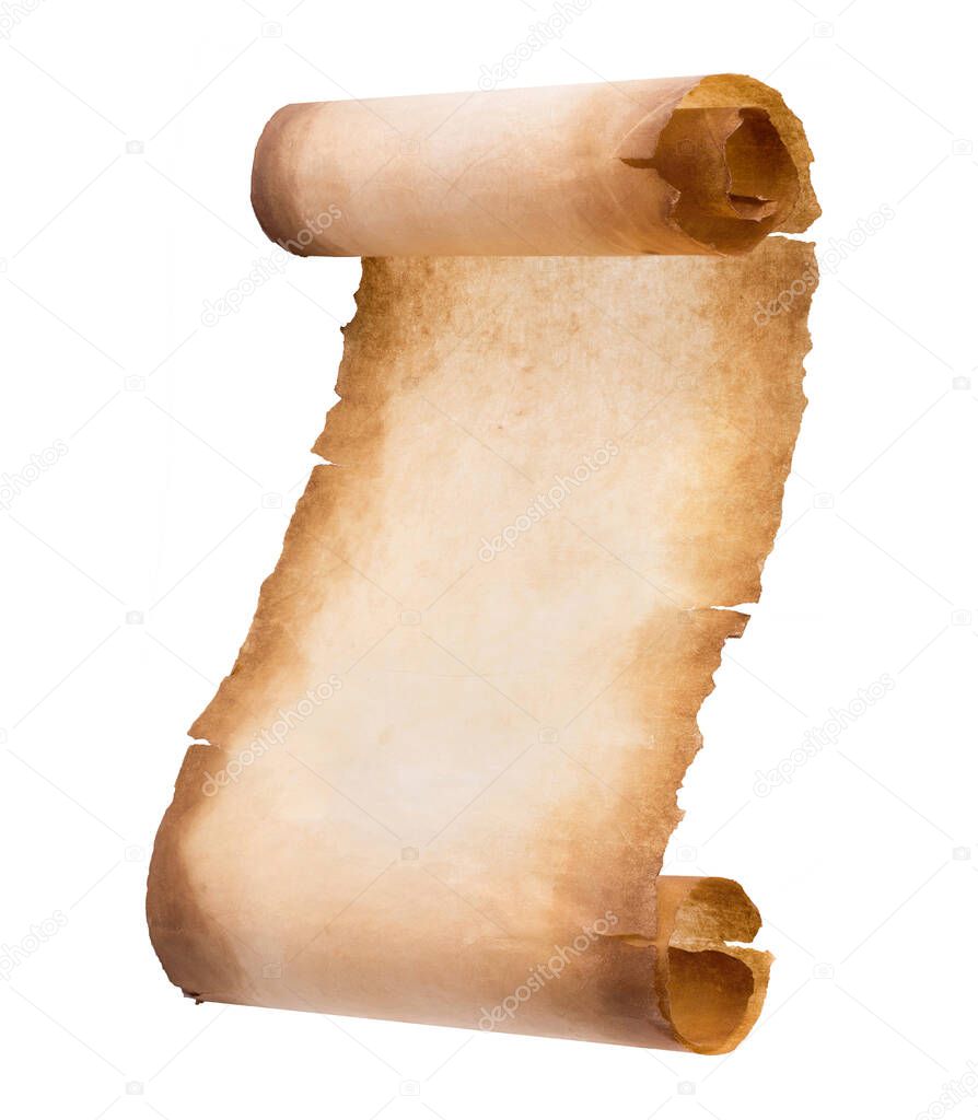 old parchment paper scroll sheet vintage aged or texture isolated on white background.