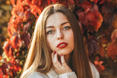 Genç bir kadının portresi. Uzun saçları, mavi gözleri ve kırmızı gözleri var. 