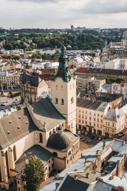 Sobor Uspinnya Dalış Mariyi ve Lviv şehir merkezinin eski çatılarının manzarası