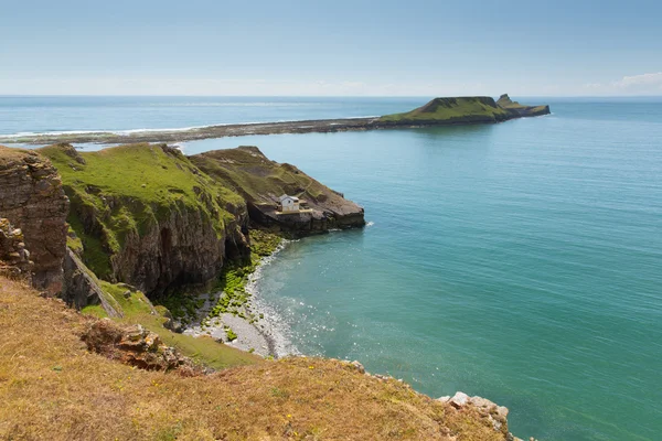 Červi hlavu Rhossili The Gower poloostrov Wales Uk malé odlivového ostrova — Stock fotografie