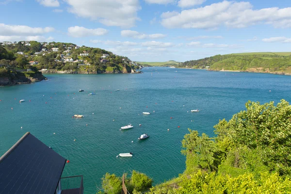 Salcome estuary Devon UK with boats and blue sky and houses on the hillside — Stock Photo, Image