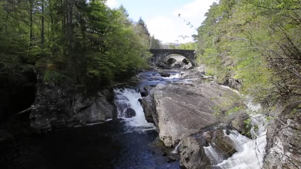 Rivier Moriston falls door Invermoriston brug Schotland Uk Schotse toeristische bestemming mooie zomerdag — Stockvideo