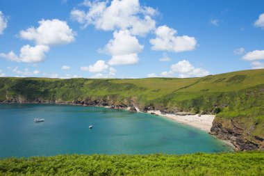 Büyüleyici plajı ve mavi deniz Lantic Körfezi ile Cornwall 'ın güzel kıyıları