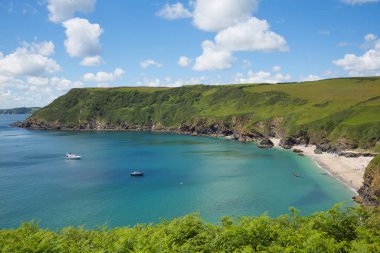 Fowey ve Polruan panoramik manzarası yakınlarındaki Lantic Bay plajı Cornwall.