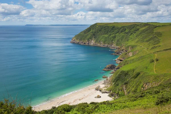 Büyüleyici Plajı Mavi Deniz Lantic Körfezi Ile Cornwall Güzel Kıyıları — Stok fotoğraf