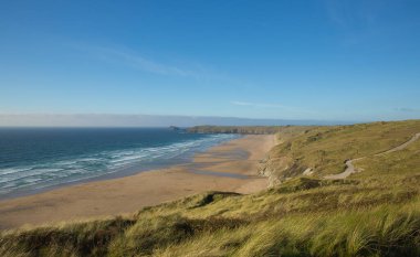 Cornish beach and dunes Perran Sands beach north Cornwall near Perranporth England UK 