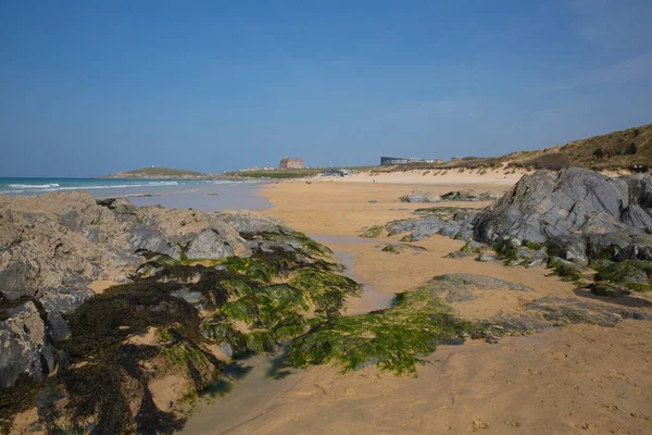 Newquay Fistral Strand Met Rotsen Zeewier Noord Cornwall Zuid West — Stockfoto