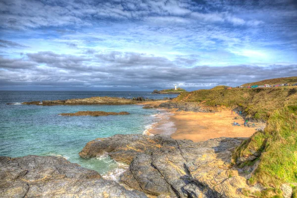 Godrevy Cornwall Côte Avec Des Vagues Phare Plage Hdr Coloré — Photo