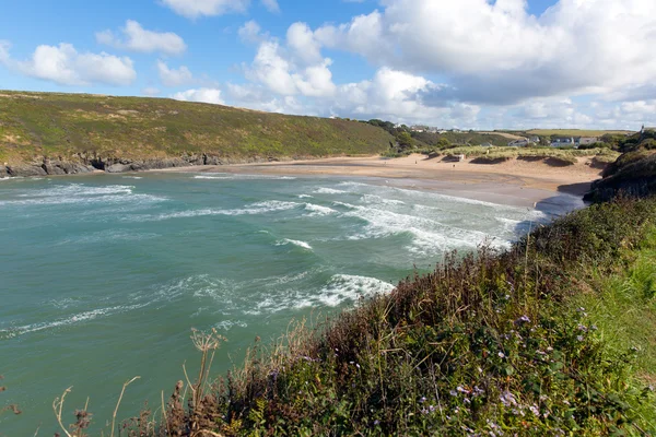 Porthcothan Bay Cornwall England UK Cornish north coast between Newquay and Padstow on a sunny blue sky day — Stock Photo, Image